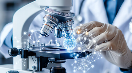 Poster - Scientist using microscope for research and discovery in laboratory setting.