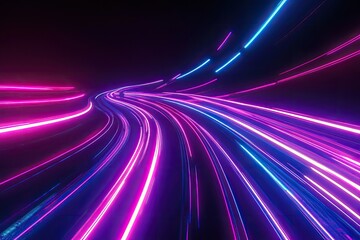 Fototapete - Abstract light trails in vibrant pink and blue colors, creating a dynamic and futuristic effect on a dark background.