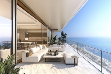 Modern balcony with stunning ocean view, featuring elegant furniture and lush greenery for a tranquil outdoor retreat.