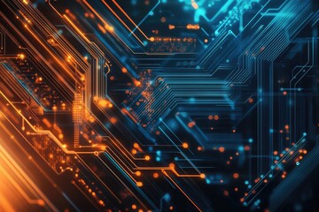 Poster - Vibrant circuit board design featuring blue and orange light trails, representing technology and innovation in digital aesthetics.