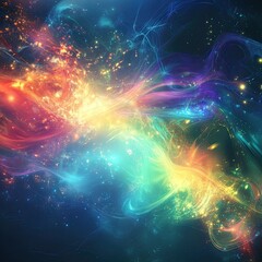 Poster - Vibrant abstract backdrop featuring colorful swirls and glowing particles, perfect for creative designs and digital artwork.