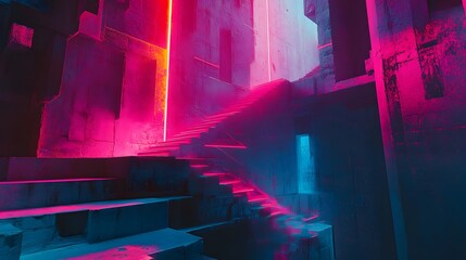 Poster - Abstraction, futuristic city of concrete and neon. Night city view, stairs up, illumination. Dark street, abstract scene, neon rays. 