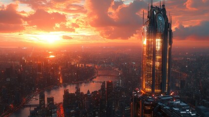 A futuristic cityscape at sunset with a tall, sleek skyscraper in the foreground.