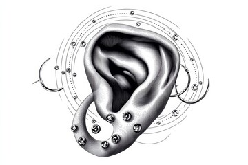 Poster - Minimalist line art of an ear with multiple small hoops and studs, representing the simplicity and elegance of ear piercings