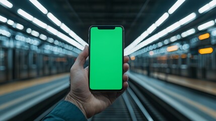 Hand holding smartphone with green screen in subway station, showcasing technology and urban lifestyle perspective in a blurred background.