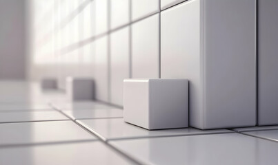 Canvas Print - Minimalist abstract background of white cubes arranged in a grid pattern, with a single cube in the foreground.