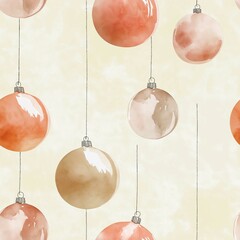 Simple watercolor Christmas ornaments, gently hanging on thin lines, set on a soft beige background, muted tones, seamless design