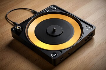 Vintage Turntable with Yellow Vinyl on Wooden Surface

