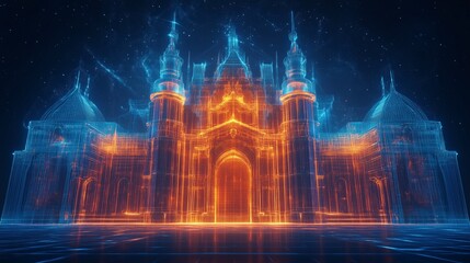 Wall Mural - Glowing wireframe of castle architecture futuristic building