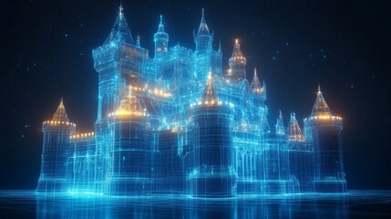 Wall Mural - Glowing wireframe of castle architecture futuristic building