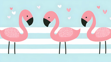 Poster - Three pink flamingos with black eyes and beaks stand on a blue and white striped background.  They are surrounded by scattered pink hearts.