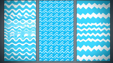 Wall Mural - Three seamless patterns with white wavy lines, abstract geometric shapes, and zigzags on a light blue background.