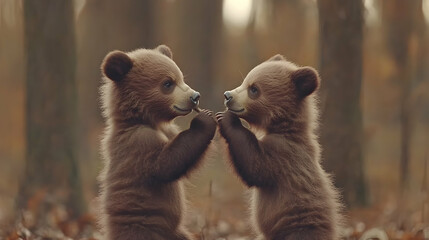 Two adorable brown bear cubs face each other in a forest setting, with a blurred background of trees.