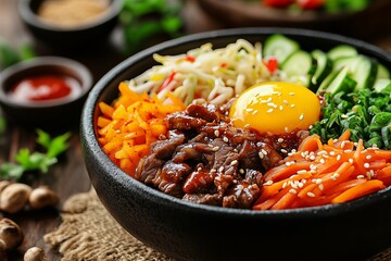 Bowl of Korean bibimbap featuring a runny yolk fried egg surrounded by colorful vegetables and tender beef. Food concept