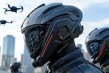 Poster - Soldiers in high-tech exoskeleton suits, patrolling a futuristic city with flying drones monitoring the skies, and holographic interfaces displayed on their helmets