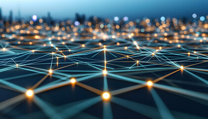 Poster - Abstract network of glowing lines and dots over a city skyline at night.