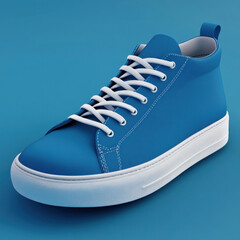 Blue sneaker with white laces on matching background.