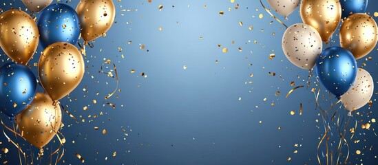 Wall Mural - Blue, gold, and white balloons with confetti on a blue background.