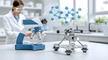 Poster - Laboratory Scene with Microscope and Molecular Model
