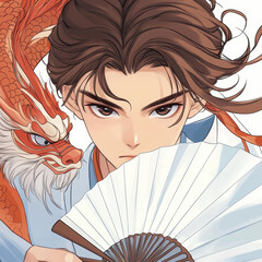 Poster - A stylish teenager in hanfu holds a fan featuring a cute dragon, partially hiding his handsome face. A unique, vibrant image