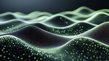 Poster - Abstract black dark background with green dots and lines, creating a wave pattern on the surface of mountains, 3D rendering, white background, high resolution