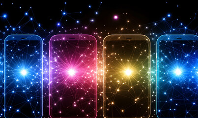 Canvas Print - Four glowing smartphones connected by a network of lines and dots, symbolizing connectivity and communication.