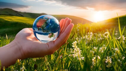 hand holding a globe, Crystal earth in hand,  green planet on hand earth save concept,  symbolizing environmental protection, Earth Day or environment protection  help save the world,