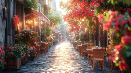 Sunlit cobblestone street with rose bushes and cafe tables.