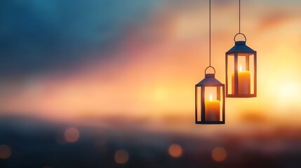 Two hanging lanterns glow warmly against a colorful, blurred background, creating a serene and inviting atmosphere.