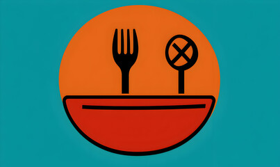 Poster - A simple illustration of a plate, fork, and spoon on a blue background.