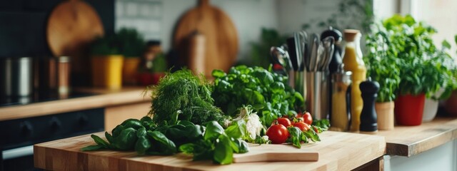 Nutritious Meal Prep in a Sleek, Contemporary Kitchen with Fresh Ingredients and Organized Workspaces