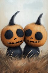 two pumpkin heads black eyes hair winner skull head standing field soft deep love necrosis cartoon twin souls harts sweet warm rendition simple