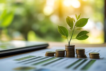 A plant growing from stacked coins placed on financial documents, symbolizing financial growth, eco-investment, and sustainable business development.