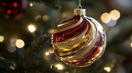 beautiful Close-up of a handcrafted glass ornament with swirling patterns of gold and deep red, reflecting twinkling lights from a nearby Christmas tree.