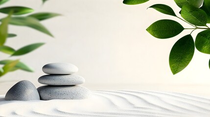 Serene and peaceful Zen garden scene with raked sand smooth stones and a minimalistic watercolor inspired aesthetic  Depicts a tranquil calming environment for meditation and relaxation