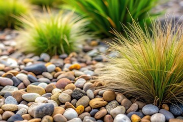 Landscaping with pebbles and ornamental grass macro