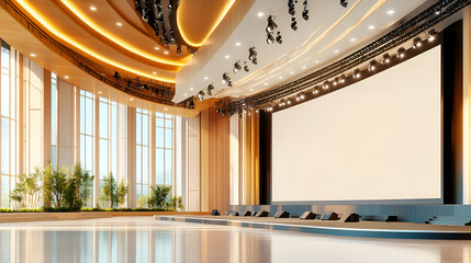 Wall Mural - Empty event stage with blank screen mockup, modern convention hall for conference or concert, 3d rendering