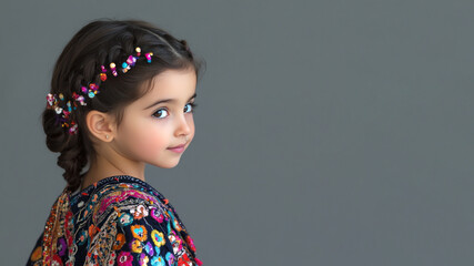 Arabian little girl in traditional kaftan cloth made from luxury fabric