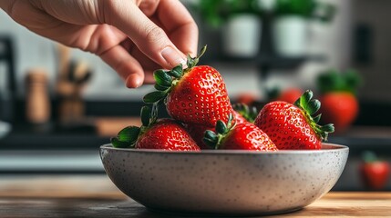 Close up view of fresh ripe and vibrant red organic strawberries arranged in a rustic wooden bowl on a wooden table  A person s hands are gently picking and holding the sweet juicy berries