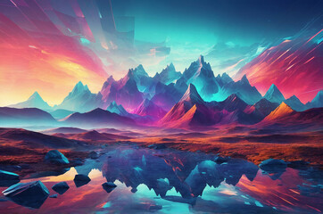 Poster - Cybernetic landscape featuring digital mountains and valleys made of light, with floating geometric shapes and vibrant colors to create a surreal atmosphere.