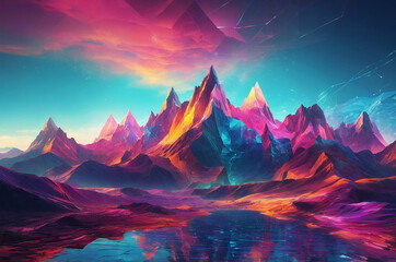 Poster - Cybernetic landscape featuring digital mountains and valleys made of light, with floating geometric shapes and vibrant colors to create a surreal atmosphere.