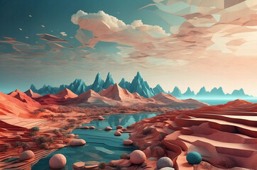 Poster - 
Digital landscape with geometric shapes and patterns, seamlessly transitioning from a 3D environment to a 2D graphic, emphasizing depth and complexity.