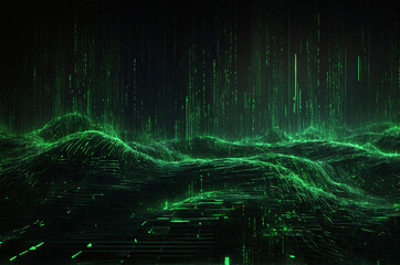 Poster - Digital matrix-inspired background featuring cascading green code on a black backdrop, with glowing grids and abstract patterns that enhance the tech feel.
