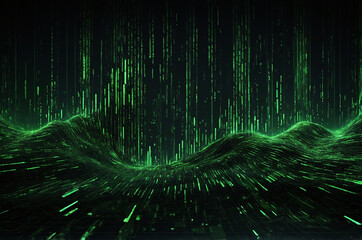Fototapete - Digital matrix-inspired background featuring cascading green code on a black backdrop, with glowing grids and abstract patterns that enhance the tech feel.
