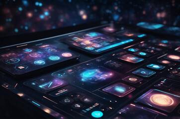 Poster - Futuristic interface design showcasing holographic buttons and menus, set against a dark, starry background with ethereal glows and dynamic animations.
