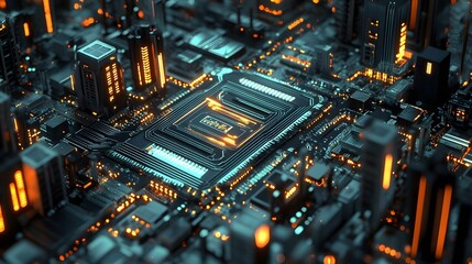 3d illustration of futuristic micro chip city. Computer science information technology background. Sci fi megalopolis. 