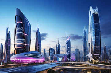 Poster - Futuristic urban skyline at dusk, featuring high-tech buildings with dynamic light displays and interactive billboards, reflecting a thriving digital environment.