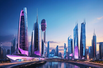 Poster - Futuristic urban skyline at dusk, featuring high-tech buildings with dynamic light displays and interactive billboards, reflecting a thriving digital environment.