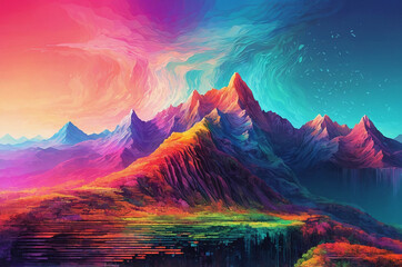 Poster - Vibrant digital landscape with pixelated mountains and valleys, enhanced by colorful gradients and binary code cascading down like a waterfall.