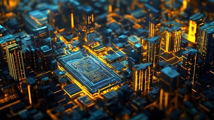 3d illustration of futuristic micro chip city. Computer science information technology background. Sci fi megalopolis. 